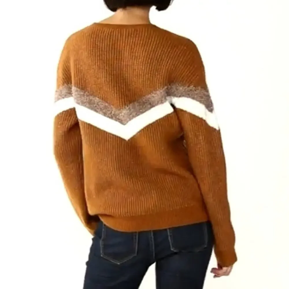 Nine West Women's Brown White Cable Knit Sweater Size L Chevron Colorblock NWT
